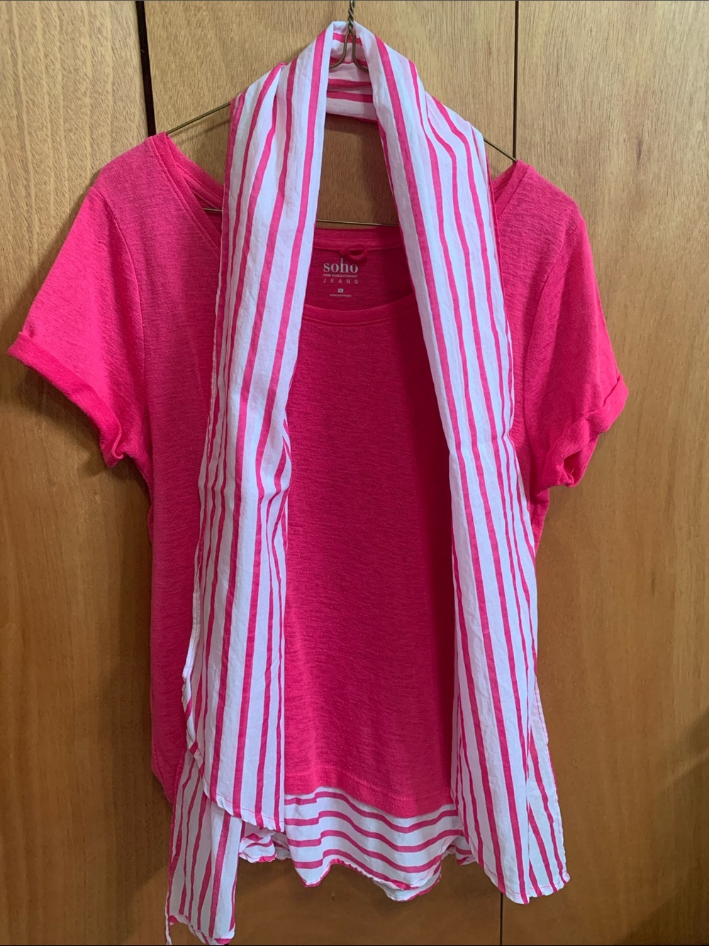 New York & Company Hot Pink Short Sleeve Tee with Pink & White Striped Scarf